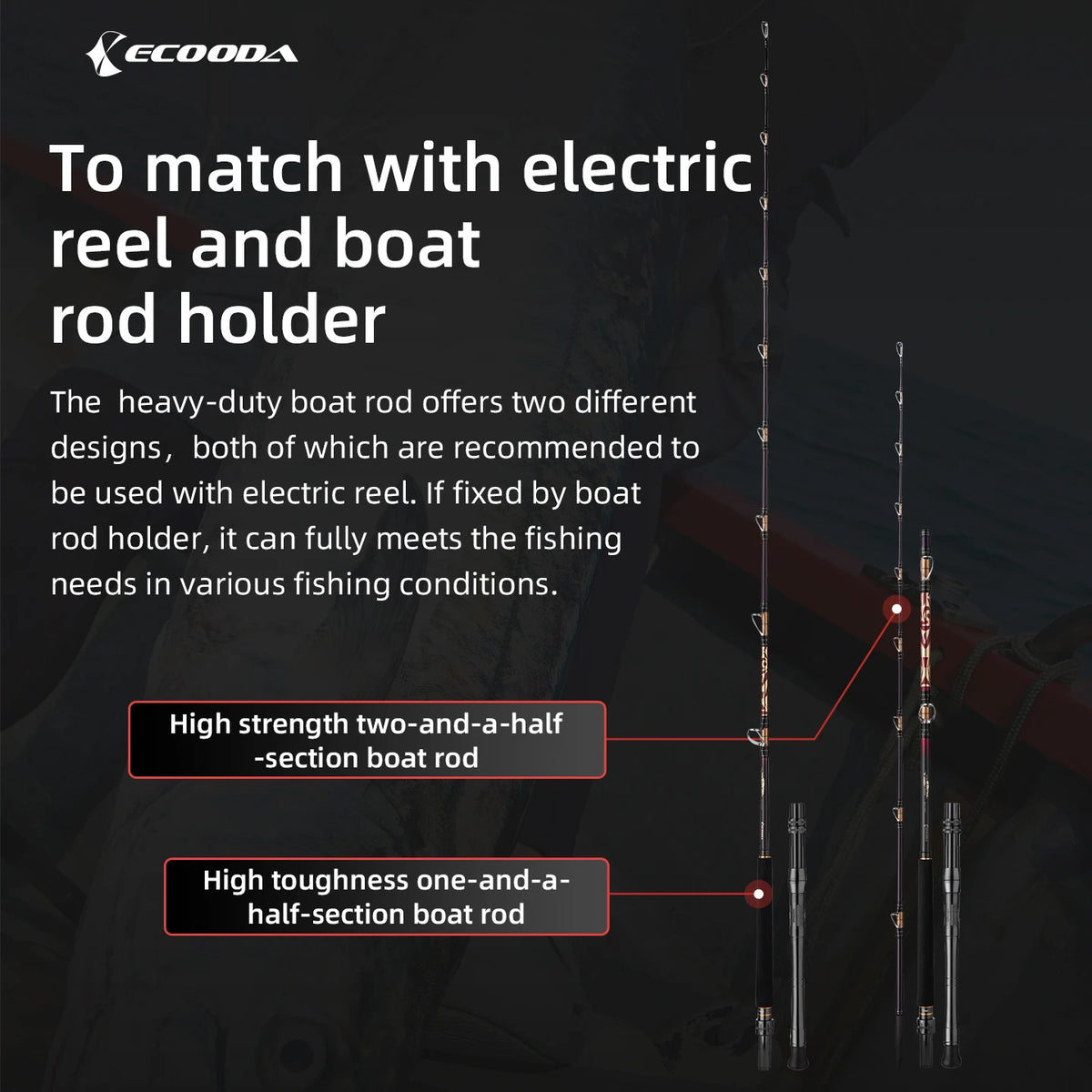 Ecooda EDB Dusk Blade heavy duty boat rod match with electric reel and boat rod holder
